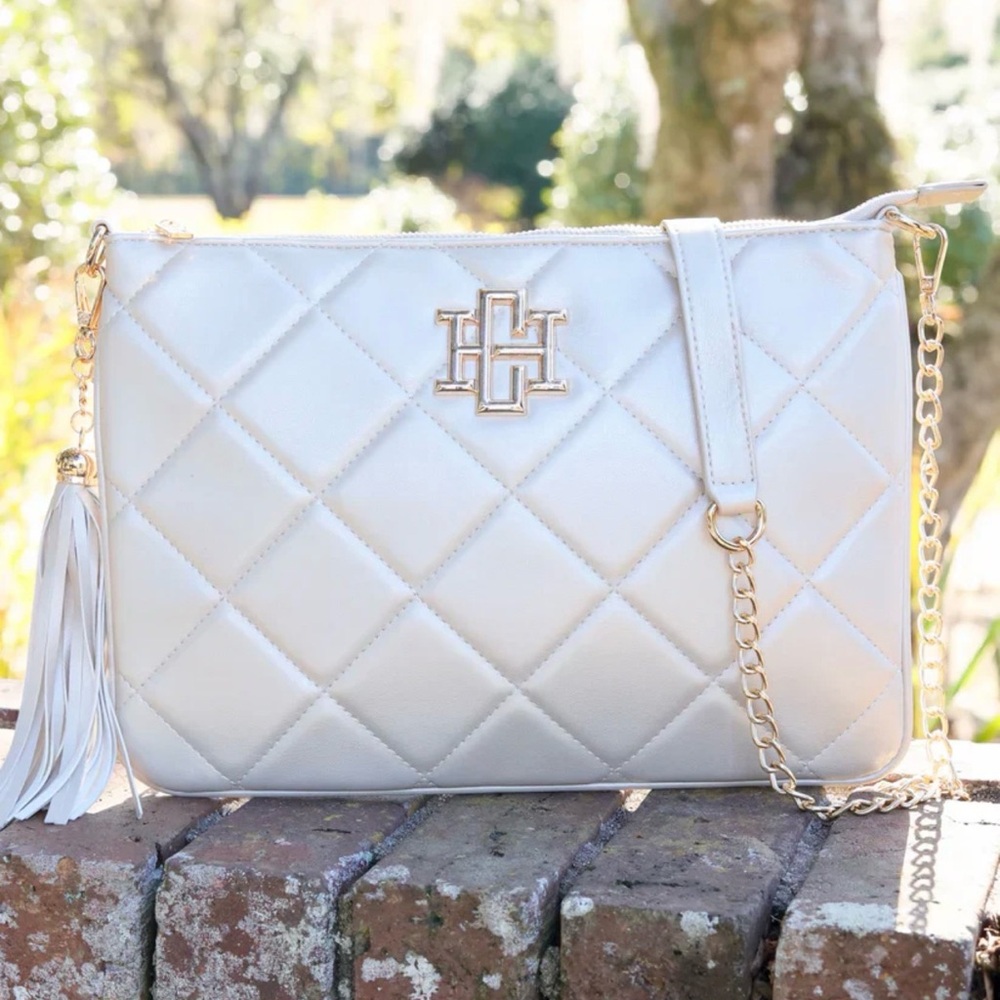Caroline Hill Quilted White Crossbody Bag with Gold Hardware